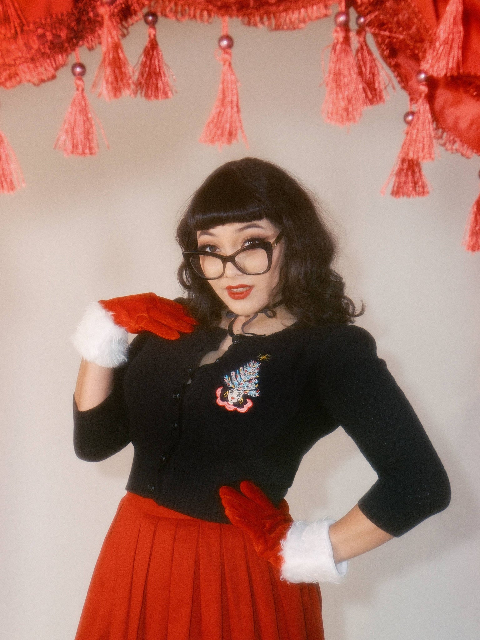 Kitschmas Hat  Cropped Cardigan in Black: X-Large