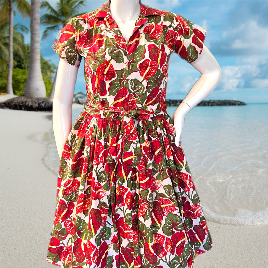 Smitten Kitten Front Zip Red Anthurium Dress