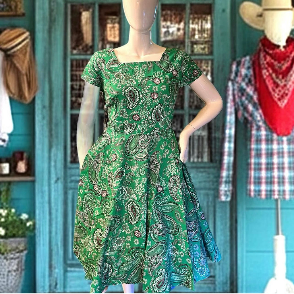 Unique Vintage Magnolia Place 1950s Green Bandana Print Anna Cotton Swing Dress Size 3X